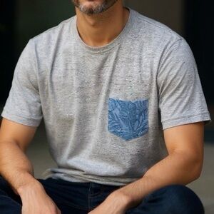 Marine Layer Signature Pocket Tee Mens Large Heather Gray Floral NWOT $48